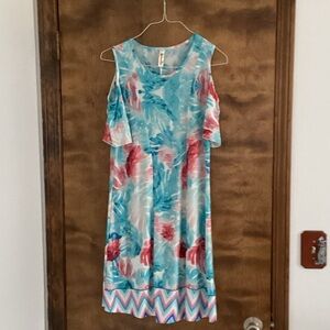 Shoreline Aqua and Coral Cold-Shoulder Floral Midi Dress